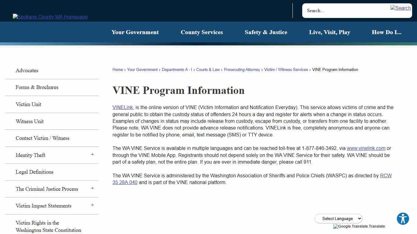 VINE Program Information Spokane County, WA